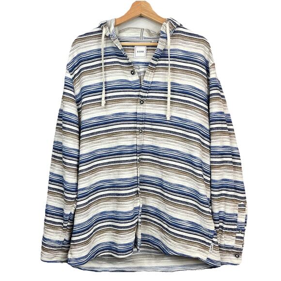 ROWM Mens 100% Cotton Hooded Shacket Shirt Jacket Size XL Cream Stripped Rugged - Picture 2 of 12